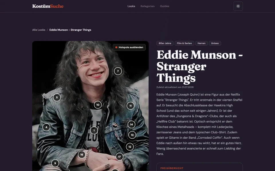 KostümSuche: dunkle Detailansicht eines Eddie-Munson-Looks mit markierten Kleidungsstücken und Produktübersicht