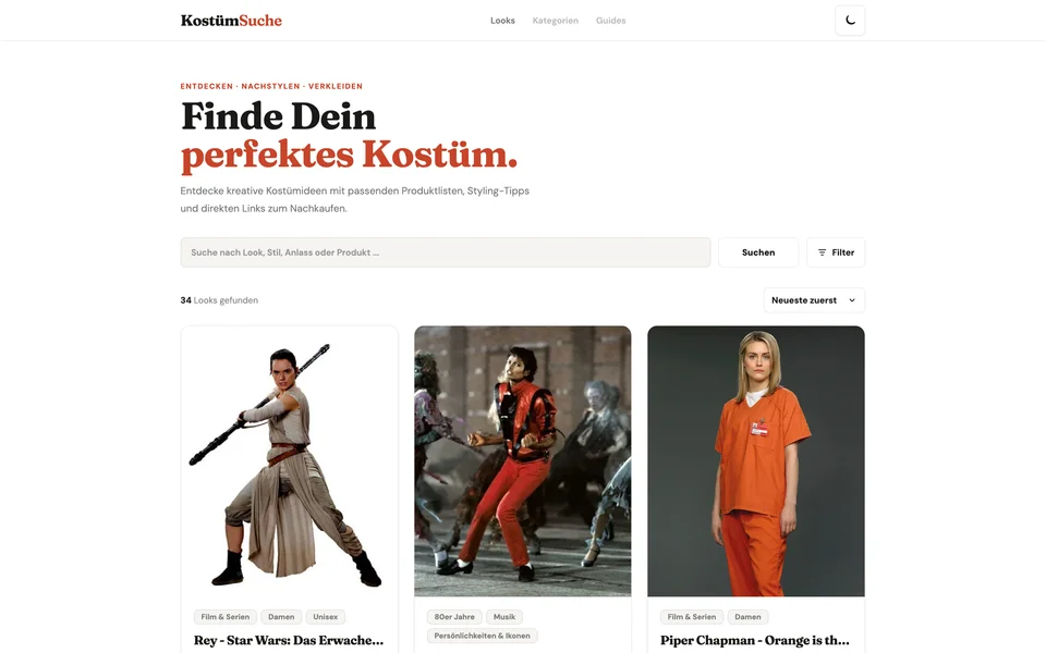KostümSuche: helle Übersicht mit Suche, Filtern und bebilderten Kostümideen